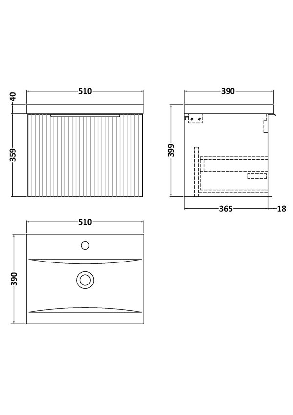 Hudson Reed Fluted 510mm Wall Mounted Single Bathroom Vanity with